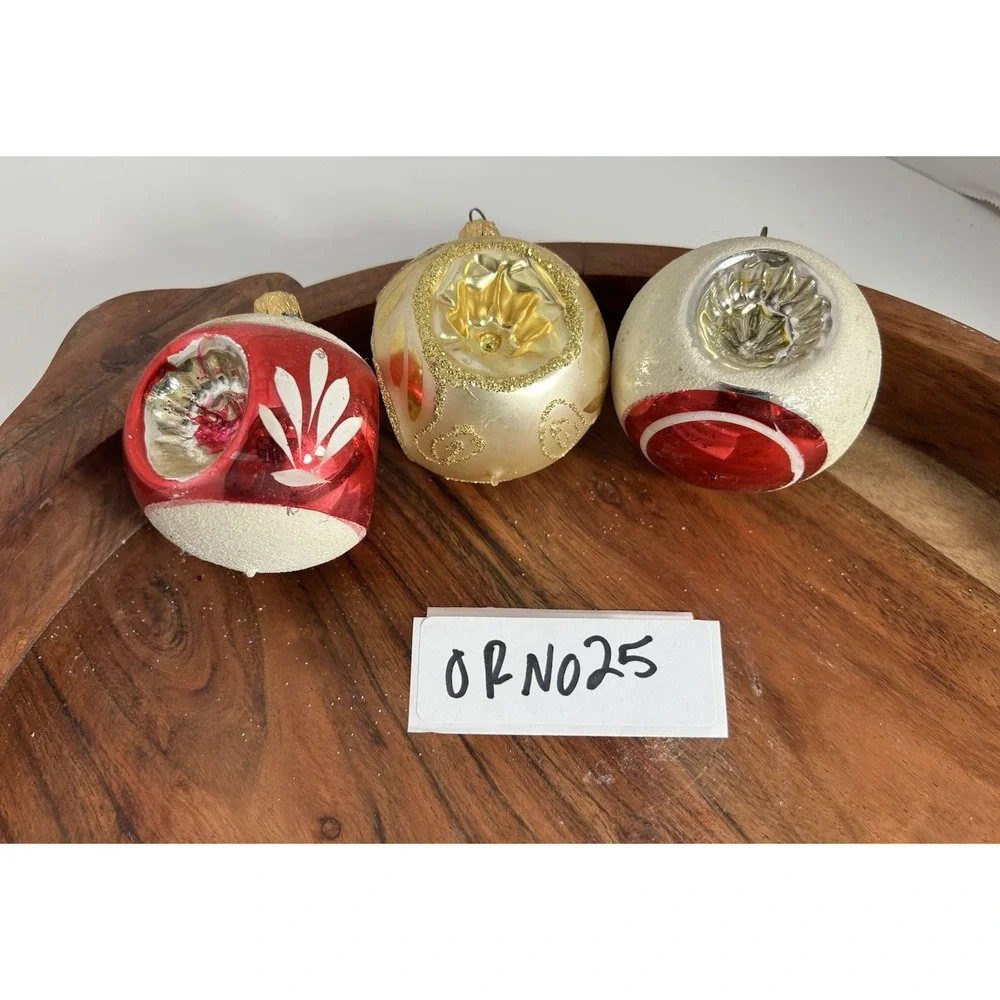 Set of 3‎ Vintage Christmas Glass Ornaments Indent REFLECTOR Balls Xmas 50s MCM